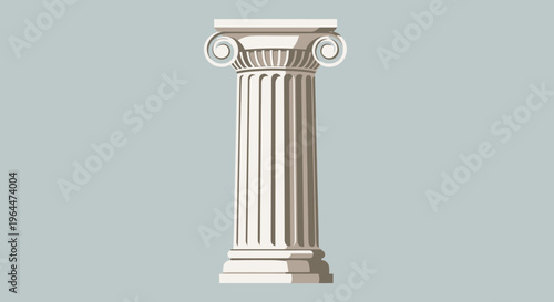 Detailed illustration of an ancient Ionic order Roman column with a fluted shaft and volute capital on a light blue-gray background.
