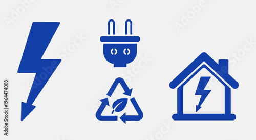 Collection of blue electricity and energy symbols including lightning bolt, power plug, recycling icon, and electric house on a light gray background.