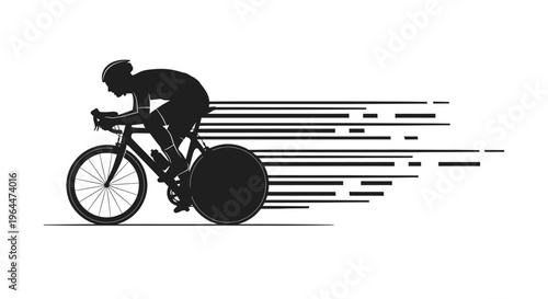 Dynamic black silhouette of a cyclist racing at speed with motion lines on an isolated white background.