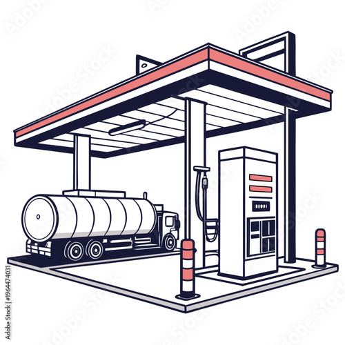 Gas station with tanker truck and canopy fuel transportation