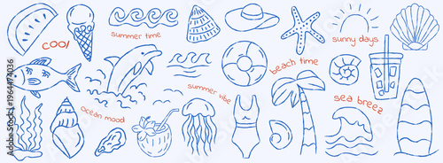 Summer beach doodle set, hand drawn ocean elements, vector illustration, tropical vacation icons, sea life sketch collection