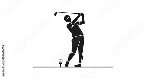 Black silhouette of a golfer mid-swing with a golf club and ball on a tee, depicted on an isolated white background.