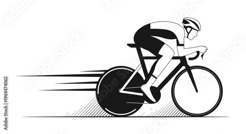 Dynamic Black and White Cyclist Riding Racing Bicycle Fast with Speed Lines