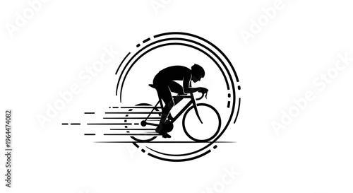 Dynamic black silhouette of a cyclist speeding inside a circular frame with motion lines on an isolated white background.