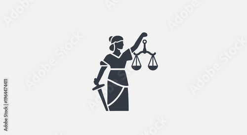 Silhouette icon of Lady Justice with blindfold, holding scales and sword, representing law and fairness on an isolated white background.