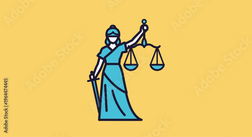 Regal Lady Justice Figure in Blue Robes Holding Scales and a Sword on a Yellow Background