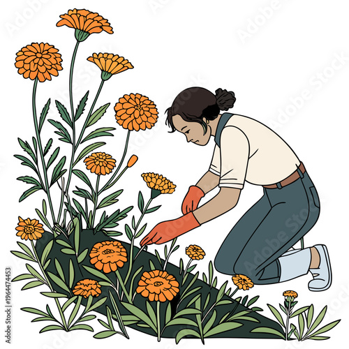 Woman tending to flowers gardening outdoors nature