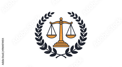 Golden Scales of Justice Symbol Encased in a Dark Laurel Wreath on an Isolated White Background