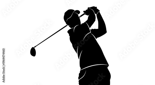Enthusiastic silhouette of a male golfer executing a powerful swing with a golf club, ready for impact on an isolated white background.