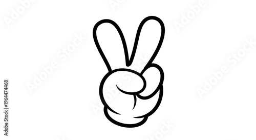 Playful cartoon hand making a peace sign or victory gesture with two fingers, depicted in outline style on an isolated white background.