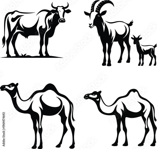 Camels Goats and Livestock Beneath the Crescent Moon in a Timeless Pastoral Landscape