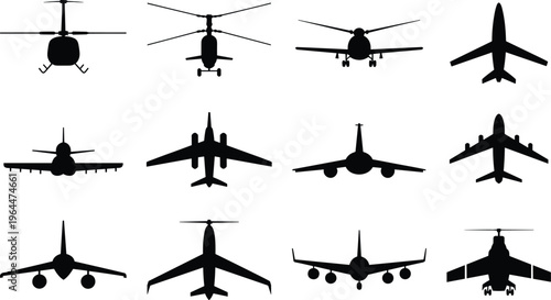 Black silhouette icons of diverse aircraft, helicopters, jet airplanes, commercial airliners, front and top views for aviation, transport, and design references