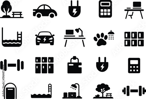 Smart home and lifestyle daily activities icon set with modern silhouette isolated on white background