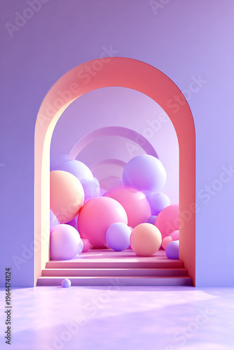 A colorful and vibrant scene featuring a large archway filled with pastel balloons