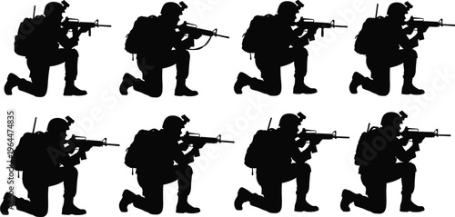 Silhouette armed soldiers kneeling formation, tactical military vector illustration, combat readiness, defense posture, war concept, army squad teamwork, battlefield preparation, security forces