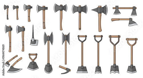 Collection of various axe and hand tool icons,  A diverse set of vector icons featuring various designs of axes and smaller hand tools, all rendered in a clean, flat style.