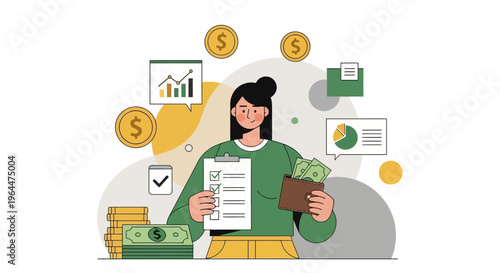 Woman managing finances, holding checklist and wallet with money.