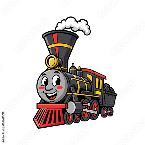 Cute Cartoon Steam Train with a Friendly Face and Smoke Puffing Out.