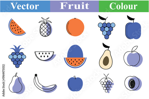 Modern colorful fruit icon set featuring minimalist line art and offset color design for healthy food branding and menu