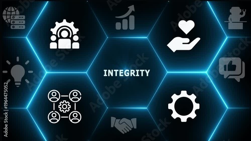A powerful dark tech interface with neon blue accents and icons symbolizing business integrity, ethical standards, and a transparent corporate network.