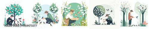 vector of a man feeding wild birds during spring
