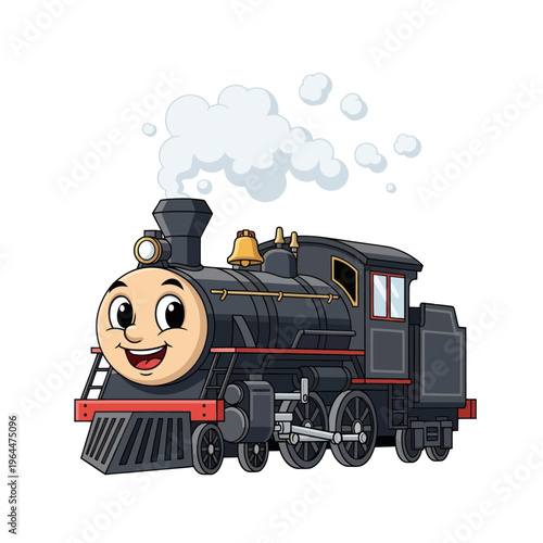 Happy Cartoon Steam Train Character with Smoke.