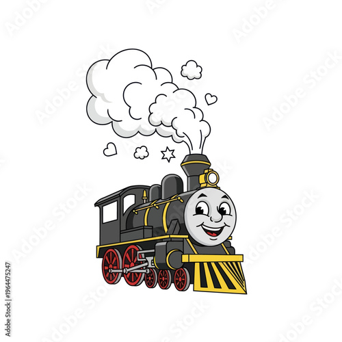 Happy Cartoon Steam Train with Smoke Isolated on White Background.
