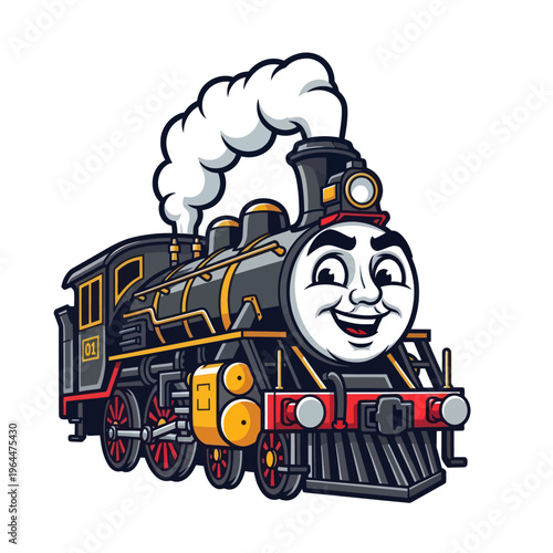Smiling Cartoon Steam Train Character Illustration with Smoke.