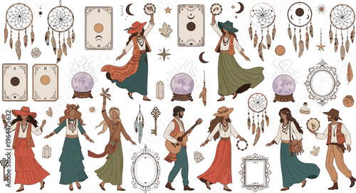 Boho Witchcraft and Mystic Elements Illustration Set Featuring Dreamcatchers, Tarot Cards, Crystal Ball, Magical Characters, and Spiritual Symbols in Vintage Style