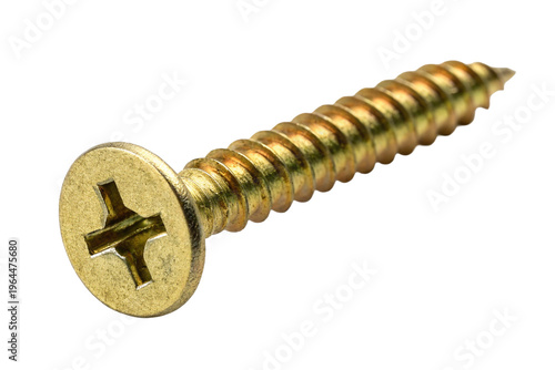 Gold screw isolated PNG on transparent background, metal fastener with thread for woodworking and nice construction projects