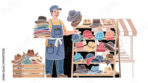 Artisan of Headwear: A cheerful artisan proudly presents his exquisite collection of headwear at a vibrant market stall, showcasing a variety of styles.