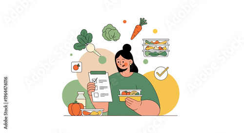 Woman planning healthy meal with fresh vegetables and digital checklist.