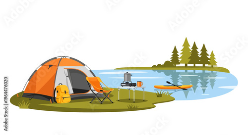 Camping gear by serene lake with kayak and trees