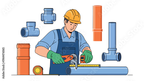 Plumber at Work: A skilled plumber meticulously measures and cuts a pipe with precision using a wrench and measuring tape, surrounded by various plumbing components.