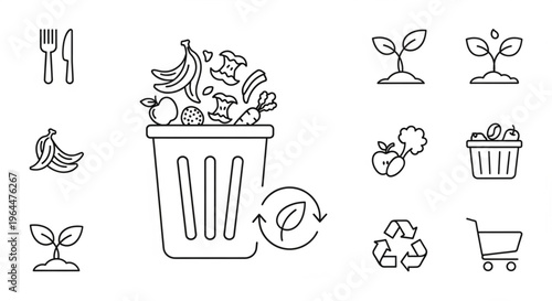 Organic Waste and Composting Line Art Icon Set
