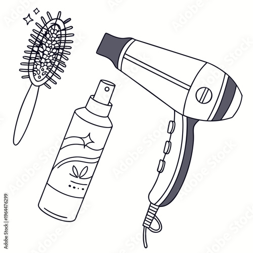 Hair styling tools illustration: blow dryer, spray bottle, comb, white backgroun