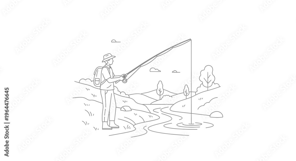 Fototapeta premium Fisherman casting line into serene landscape