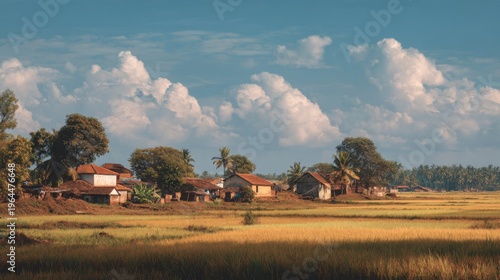 Scenic Rural Village Amidst Lush Green Rice Fields and Expansive Blue Sky