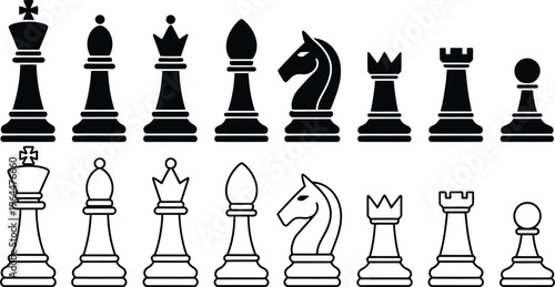Chess icons vector, including king, queen, rook, bishop, knight, and pawn, clean minimal symbols for strategy, mind games, and tactical planning.