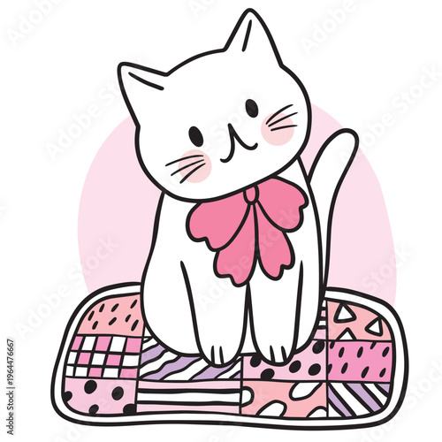 Cute White Cat Illustration with Pink Bow.