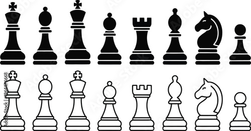 Chess icons vector, including king, queen, rook, bishop, knight, and pawn, clean minimal symbols for strategy, mind games, and tactical planning.