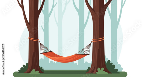 Hammock suspended between two trees in forest