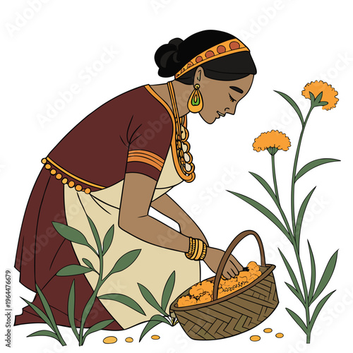 Woman in traditional indian clothing picking orange flowers into a basket