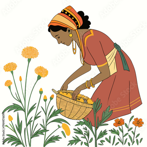 Woman in traditional indian clothing picking marigold flowers in a garden with a basket