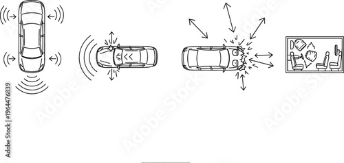 Car Safety and Collision Detection System Illustration Showing Sensors, Parking Assist, Impact Directions, and Accident Analysis with Top View Automotive Technology Icons