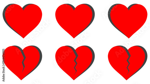 heart, love, red, broken, romantic heart icon set featuring full and cracked shapes isolated for valentine, relationship, emotion, affection, symbol, sign, simple clean design