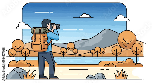 Hiker taking photo of scenic landscape with mountain and river