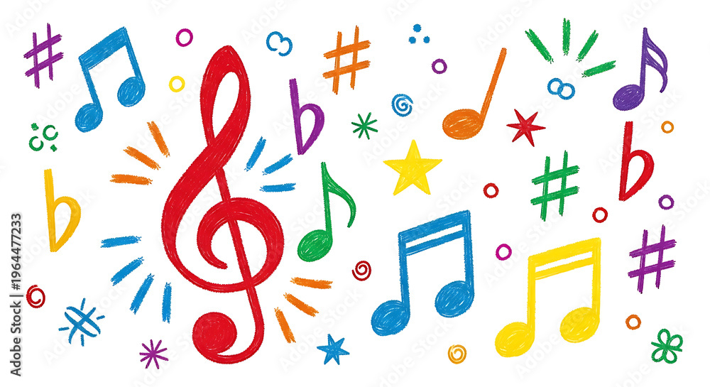 Fototapeta premium Crayon style musical notation elements for kids education and art