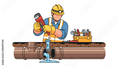 Plumber at Work: A skilled plumber addresses a burst pipe, skillfully utilizing his tools to resolve the issue with precision and expertise.