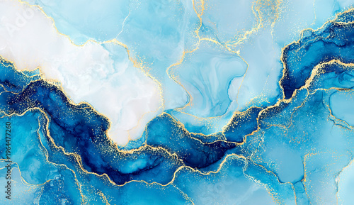 A vibrant abstract painting featuring shades of blue and gold